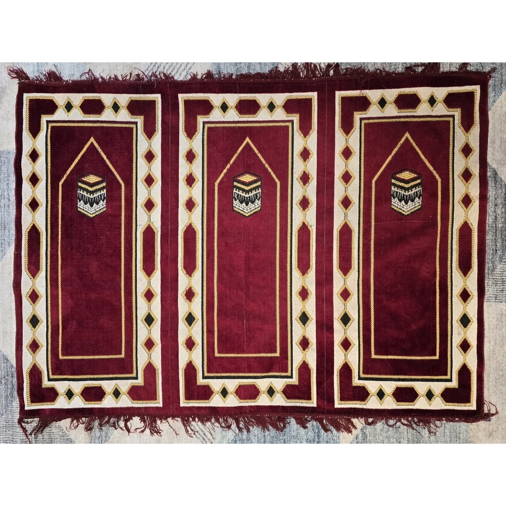 Islamic Prayer Mat Rug Musallah Janamaaz Large 3 Person Burgundy Kaaba Turkey